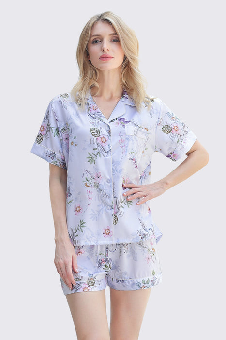 White Women Satin Floral Short Pyjama Set