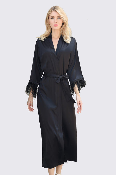 Long Feather Satin Robe For Bridesmaid in Black