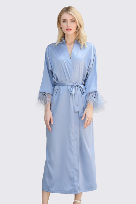 Long Feather Satin Robe For Bridesmaid in Black
