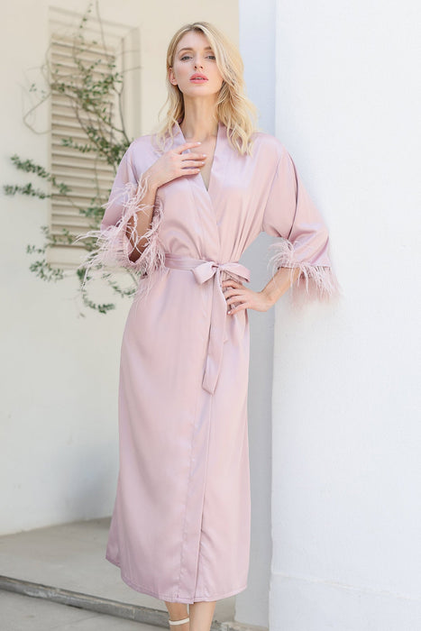 Long Feather Satin Robe For Bridesmaid in Black