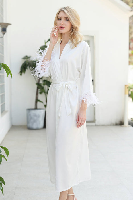 Long Feather Satin Robe For Bridesmaid in Black